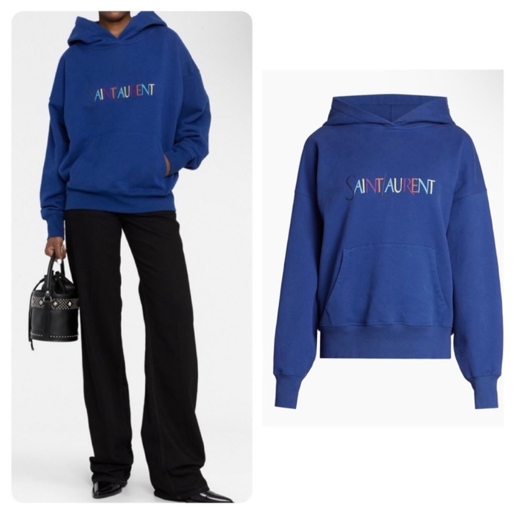 Saint Laurent Blue Hoodie 2024 rainbow colored logo oversized xs